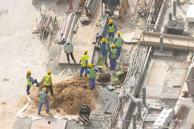 High angle view of people working on construction site