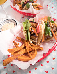 High angle view of food served on table