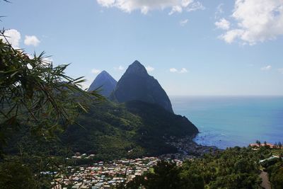 Scenic view of sea and mountains against sky