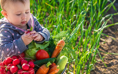 Baby with fresh harvested vegetables in farm