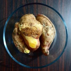 High angle view of meat in plate on table