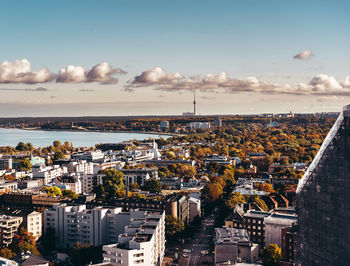 High angle view of buildings in city