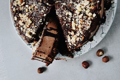 High angle view of chocolate cake on plate