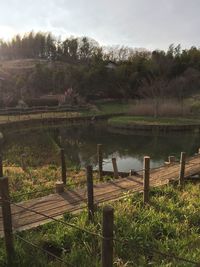Wooden posts on field by lake against sky