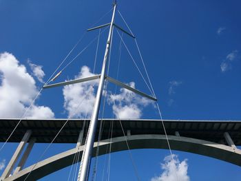 Low angle view of bridge against blue sky