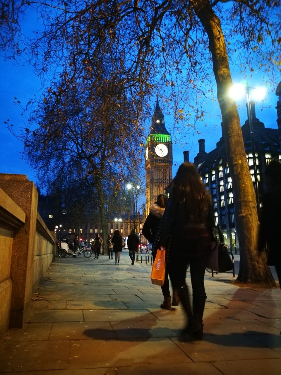 PEOPLE WALKING ON ILLUMINATED CHRISTMAS TREE AT NIGHT