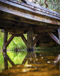 Reflection of bridge on water in lake