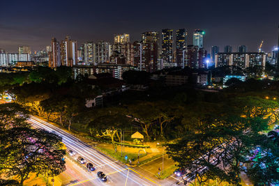High angle view of illuminated city at night