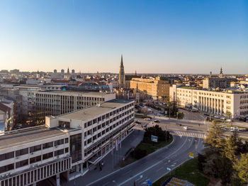 High angle view of buildings in city