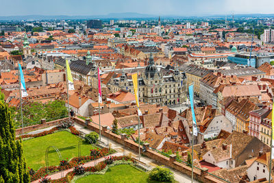 High angle view of buildings in city