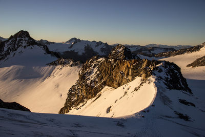 Scenic view of snowcapped mountains against clear sky