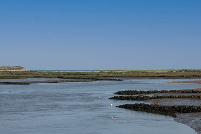 Scenic view of sea against clear blue sky