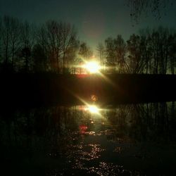 Reflection of bare trees in lake at sunset