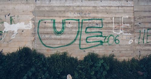 Close-up of graffiti on brick wall