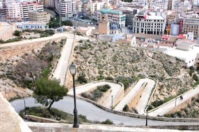 High angle view of street amidst buildings in city
