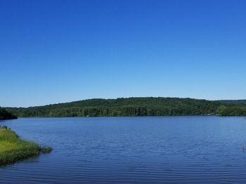 Scenic view of lake against clear blue sky