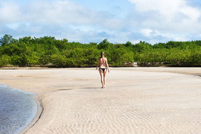 Rear view of woman walking on beach against sky