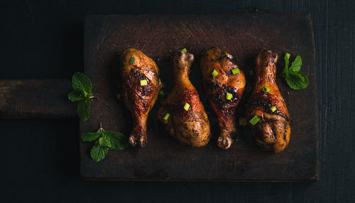 Directly above shot of chicken served on table