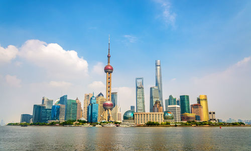 View of buildings in city against cloudy sky