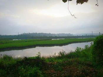 Scenic view of lake against cloudy sky