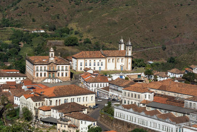 High angle view of buildings in town