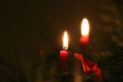 Close-up of lit candles in darkroom