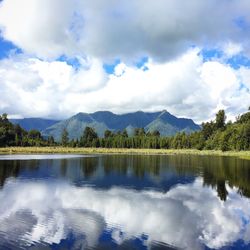 Scenic view of lake and mountains against sky