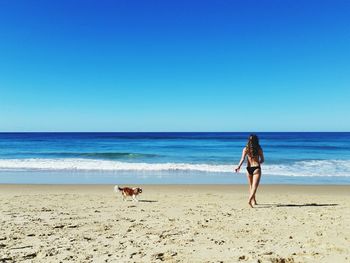 Woman with dog walking on beach against clear blue sky