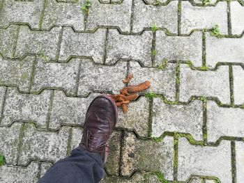 Low section of person stepping on animal dung over cobblestone street