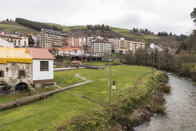 High angle view of buildings against sky