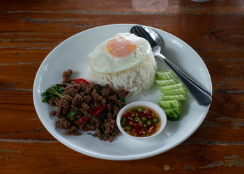 High angle view of food served on table