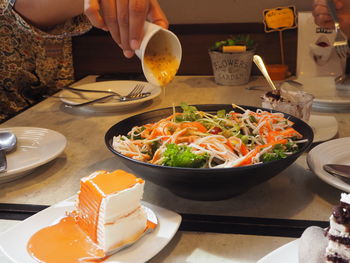 High angle view of food served on table