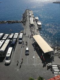 High angle view of people on boats in sea