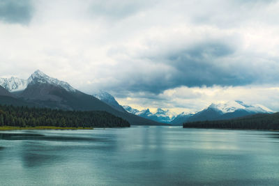 Scenic view of lake and snowcapped mountains against sky