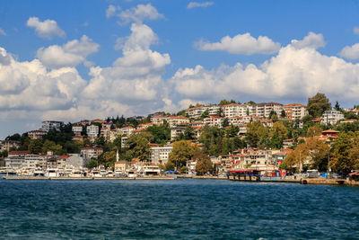 Scenic view of sea by buildings against sky