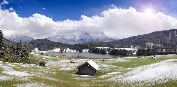 Panoramic scene with mountain range in bavaria at winter