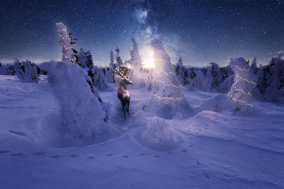 Person skiing on snow covered field against sky