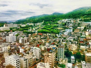 High angle shot of townscape against sky