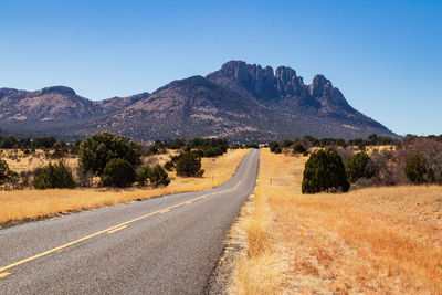 Road leading towards mountains against clear sky