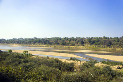 Scenic view of lake against clear sky