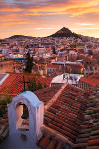 View of lycabettus hill from anafiotika neighborhood in the old town.