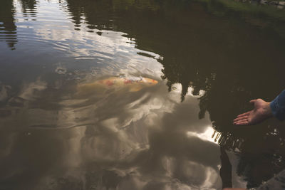 Reflection of people in lake