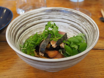 High angle view of vegetables in bowl on table