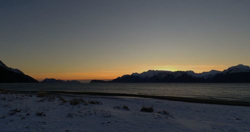 Scenic view of sea against clear sky during sunset