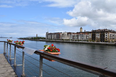 Bridge over river by buildings in city against sky