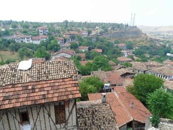 High angle view of townscape against clear sky