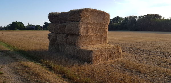 Hay bales on field against sky