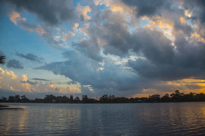 Scenic view of lake against sky at sunset