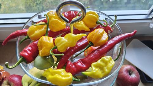 Close-up of bell peppers in basket