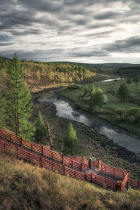 High angle view of land against sky